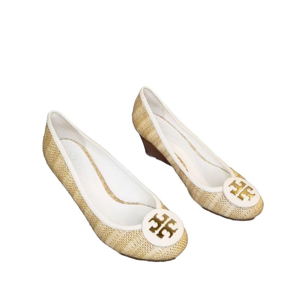 Tory Burch Sally Wedge Women Size 9 Beige Raffia Woven Straw Pumps Leather Lined - Picture 3 of 6